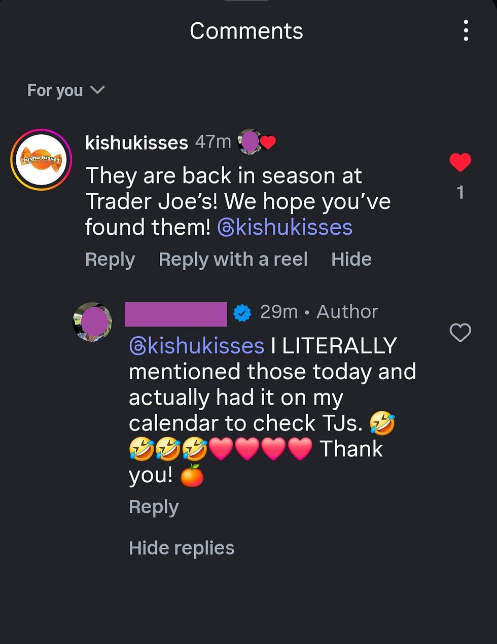 Screenshot of an Instagram comment thread where @kishukisses replies, “They are back in season at Trader Joe’s! We hope you’ve found them!” followed by response expressing surprise and appreciation.