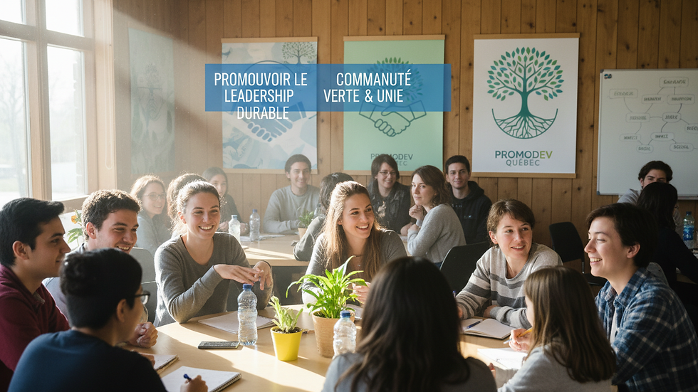 Close-up view of a community meeting room with posters about sustainability and leadership
