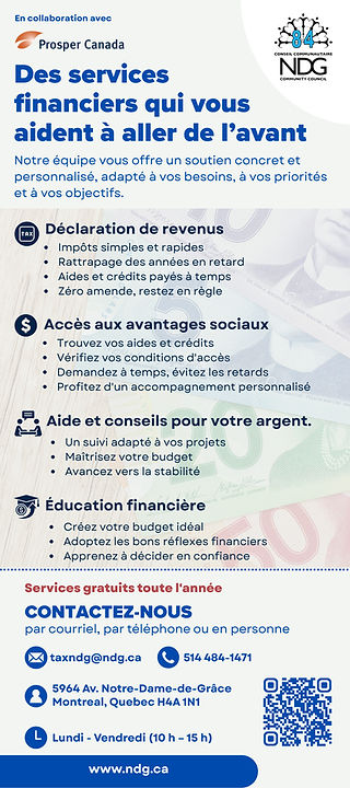 Affiche du Conseil communautaire NDG : services financiers gratuits toute l’année, 5964, avenue Notre-Dame-de-Grâce, Montréal