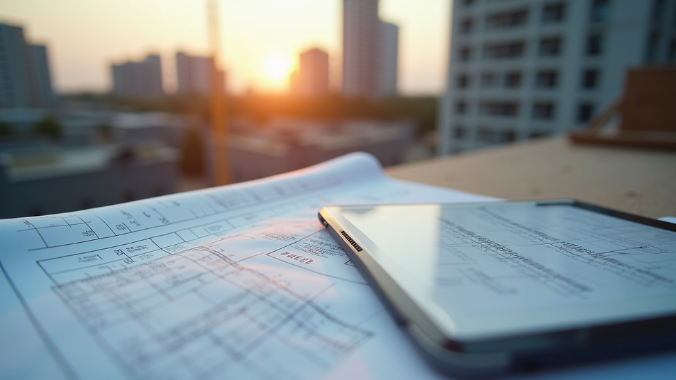 Close-up view of construction plans and a tablet on a building site