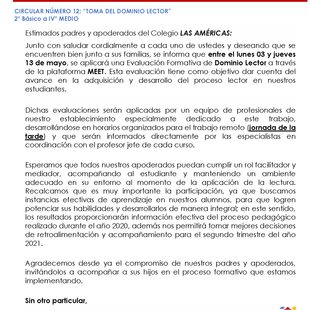 Circular N°12: Toma del dominio lector - 2° Básico a IV Medio