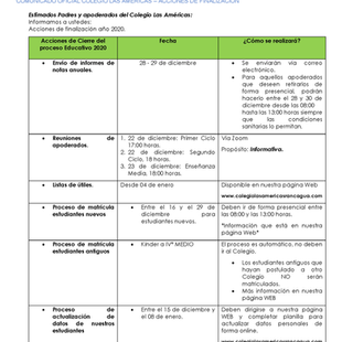 Acciones de finalización año 2020 (Comunicado Oficial)