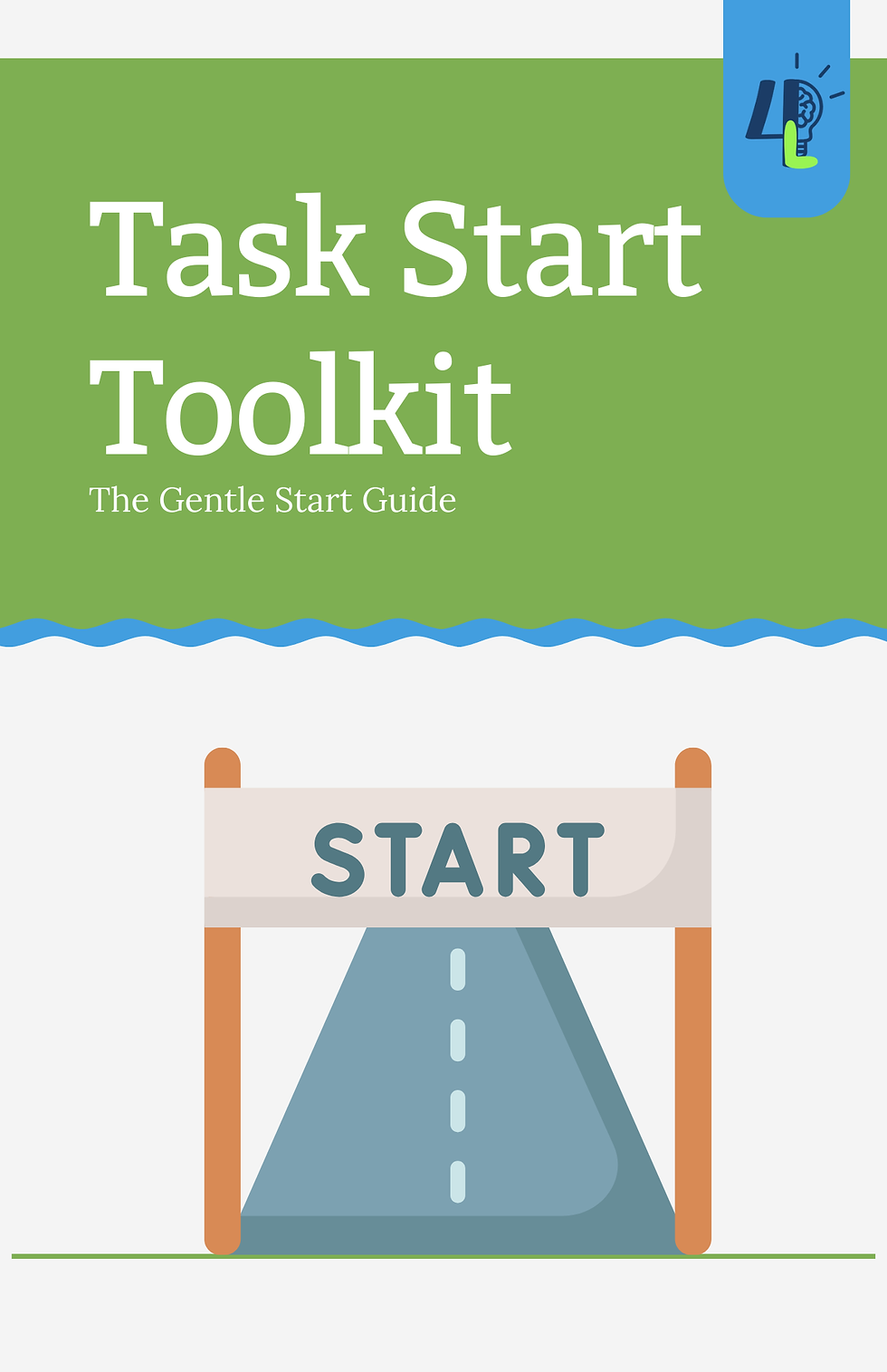 "Task Start Toolkit" cover showing a start gate with banner over a blue road, on green background.