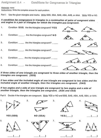 Geometry worksheet to help students identify conditions for congruence in triangles (SSS, SAS, ASA, AAS) and use those conditions to determine if given pairs of triangles are congruent.