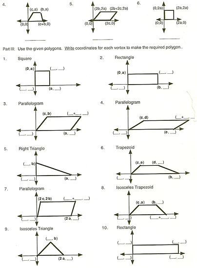 Geometry worksheet to help students write coordinates for triangles and quadrilaterals by comparing the coordinates of vertices to standard coordinates.