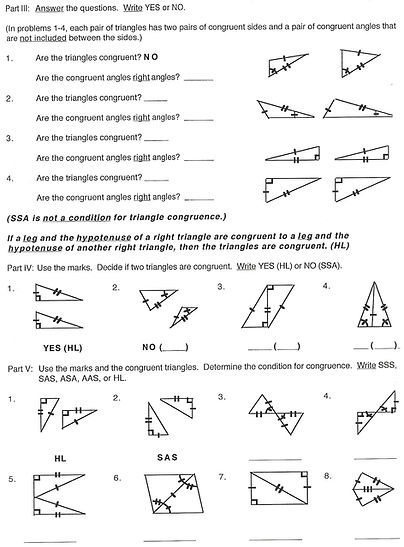 Geometry worksheet to help students identify a special condition for congruence in right triangles (HL) and use that condition to determine if given pairs of triangles are congruent.