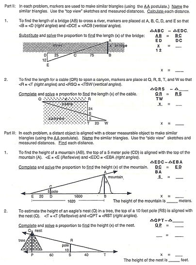 Free geometry worksheet to help students name similar triangles and write proportional lengths to set up and solve indirect measurement problems in which the AA postulate is used to determine similar triangles.