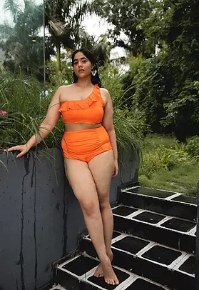 Flayred/Ruffled Orange Colour Two Piece Bikini Set