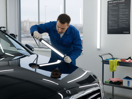 Paint specialist inspects luxury car finish