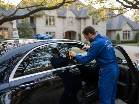 Luxury sedan receiving professional window tint application