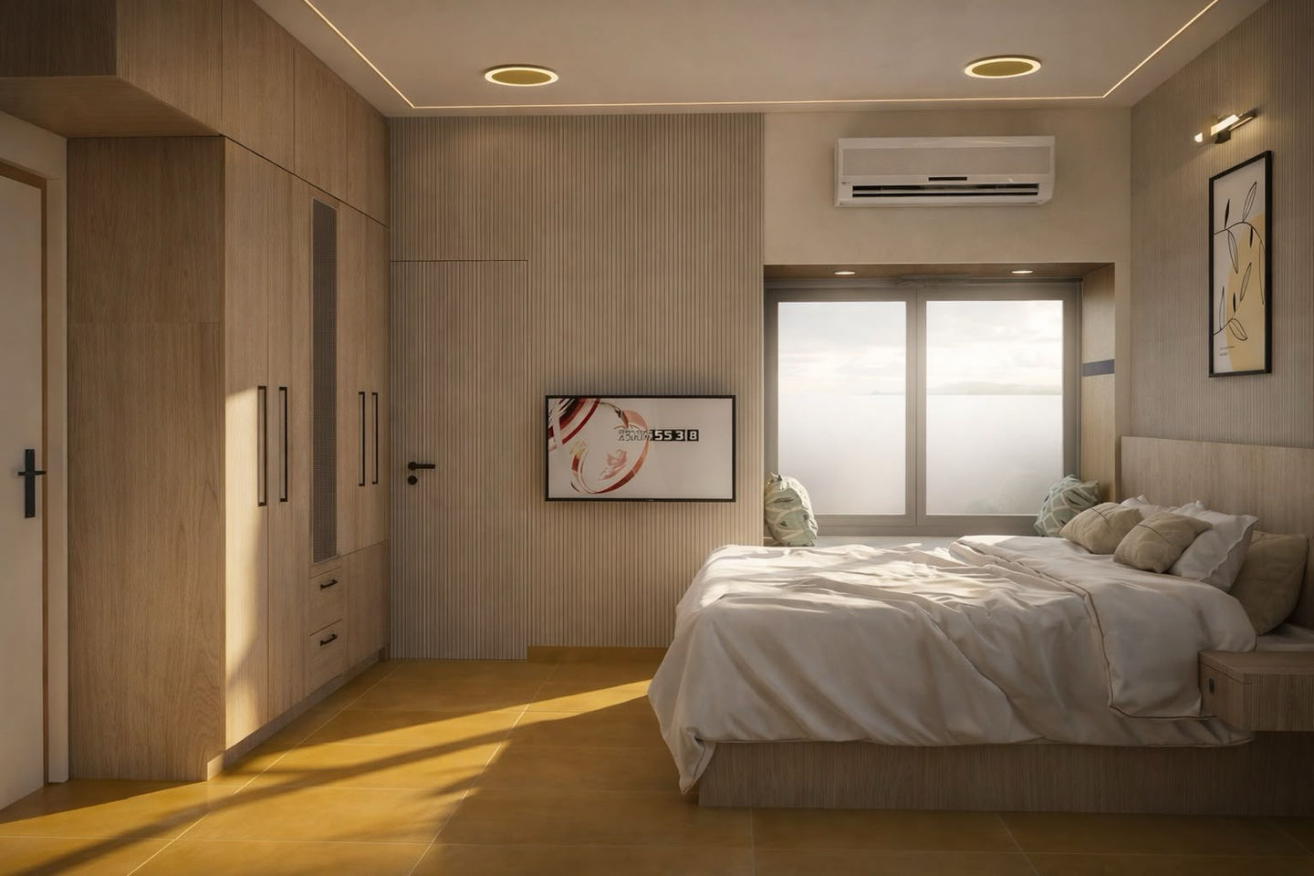 Elegant master bedroom with customised wardrobes designed by AMZ Interiors for Mr. Abdul Rashid and Mrs. Tafla Bawazia.