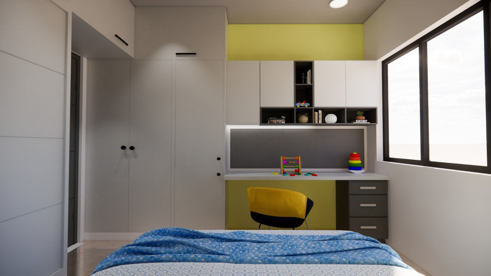 Vibrant children's bedroom with yellow, white, and grey interiors designed by AMZ Interiors for Mr. Feroz's family in Pune.