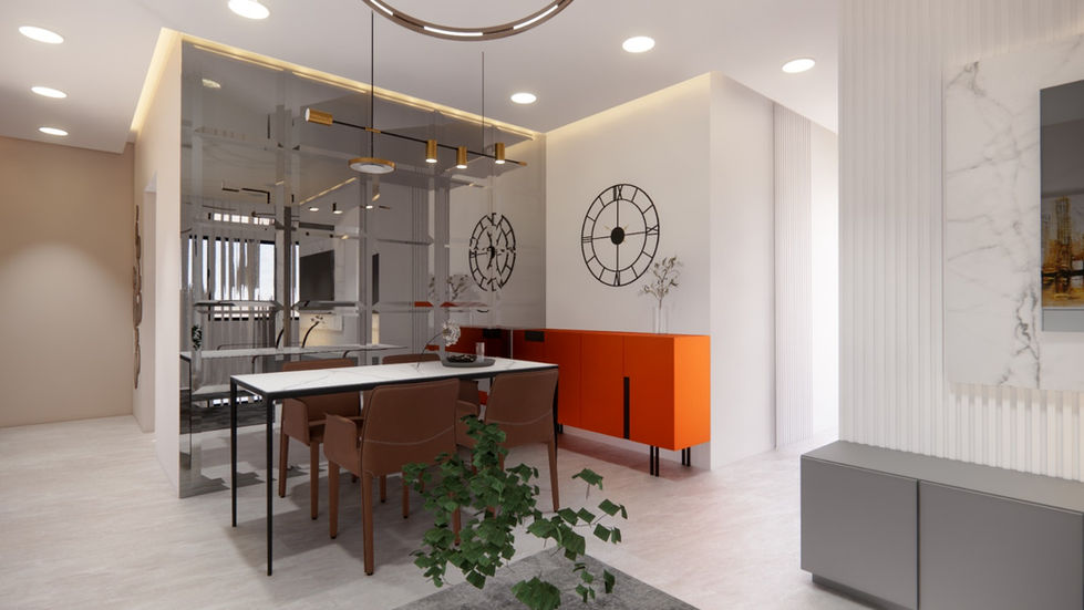 Elegant dining space with customized furniture and contemporary interiors designed by AMZ Interiors for a 3 BHK residence in Pune