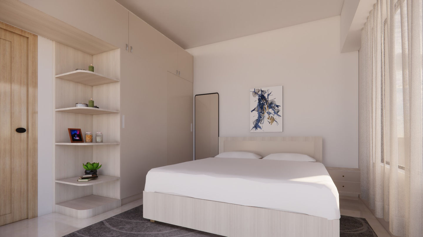 Modern master bedroom interior for Mr. Isaac Shaikh featuring custom wardrobes, wooden finishes, and pastel colors by AMZ Interiors in Pune.