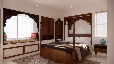 Elegant master bedroom with customised furniture and wooden finishes designed by AMZ Interiors for Mr. Abul Chohan.