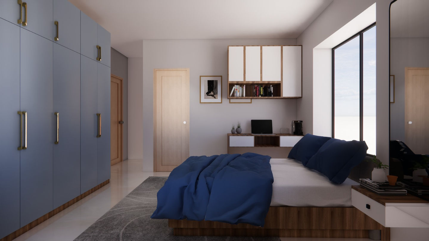 Contemporary son's bedroom designed for Mr. Isaac Shaikh with space-saving furniture, study area, and modern interiors by AMZ Interiors.