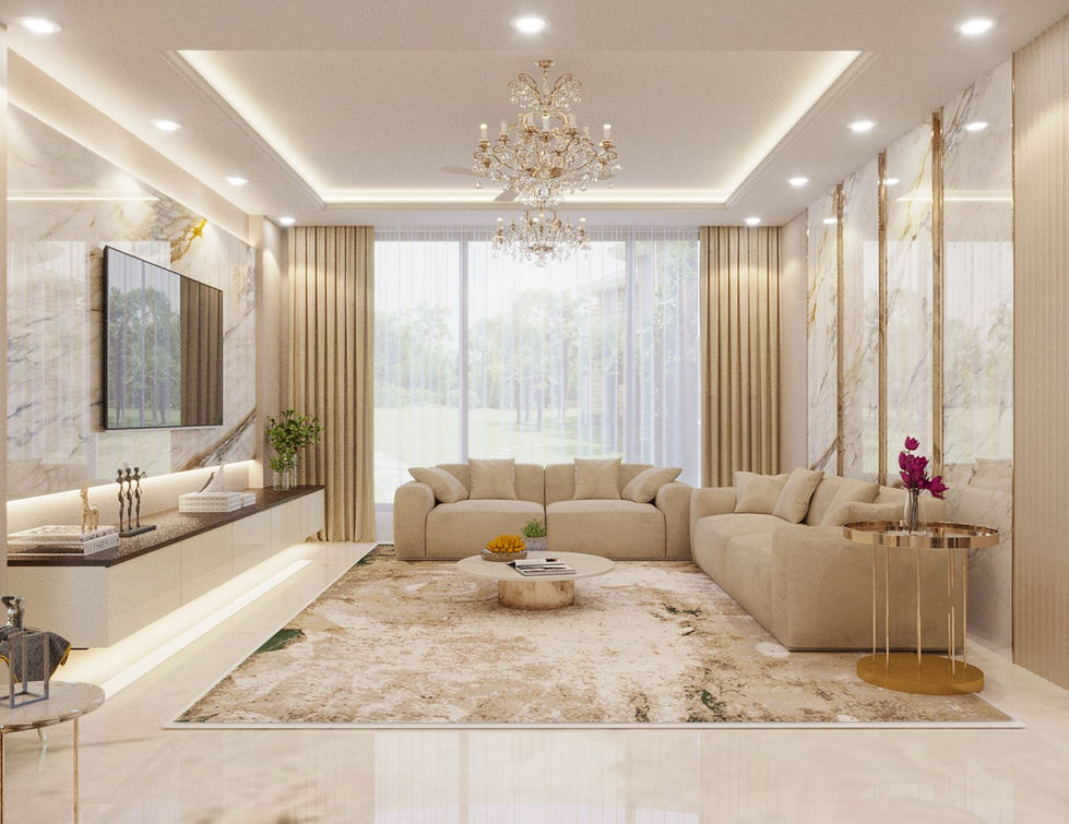 Luxury living room with customised furniture designed by AMZ Interiors for Mr. Irfan Momin's 5 BHK villa.