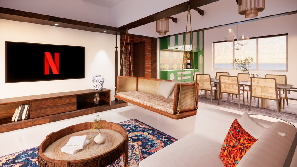 Ethnic contemporary living room with Maratha Wada-inspired interiors designed by AMZ Interiors for Mr. Abul Chohan in Pune.