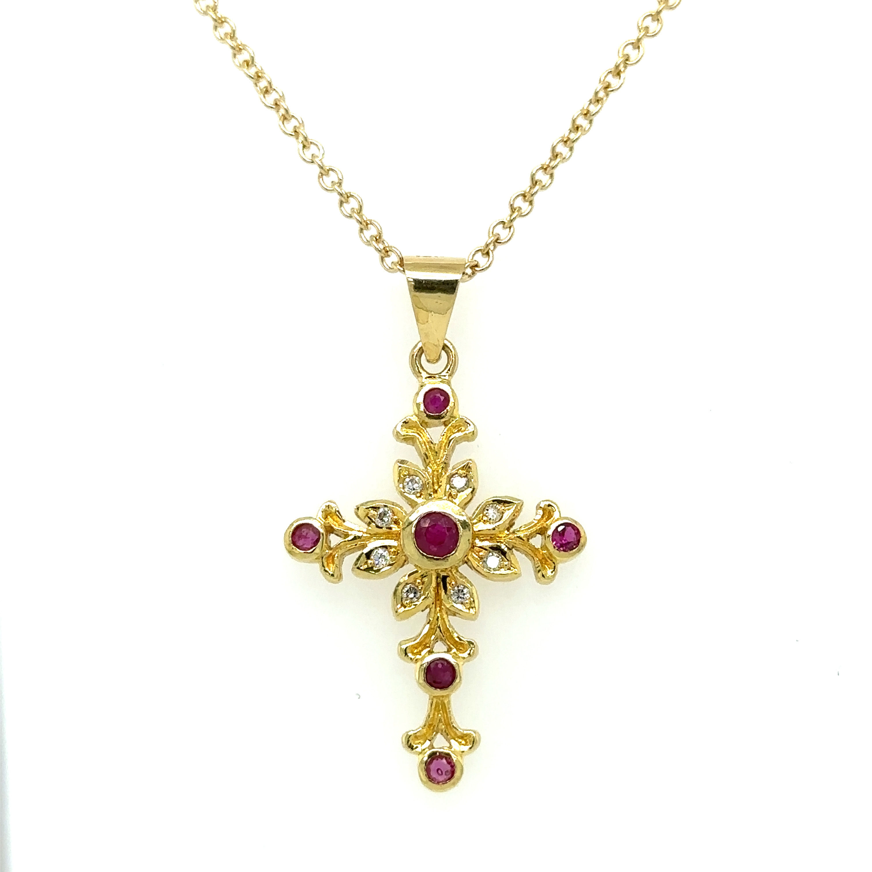 14K Yellow Gold Ruby & Diamond Cross Pendant
