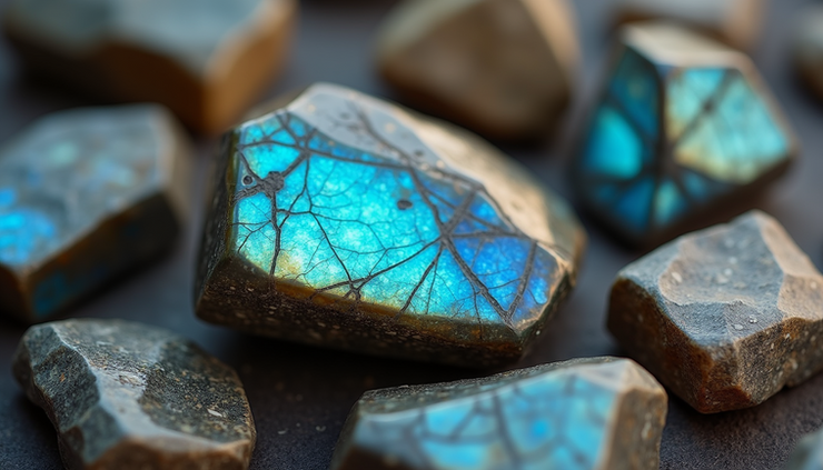 High angle view of raw labradorite stones scattered on a wooden surface