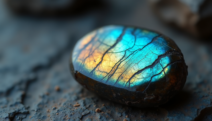Close-up view of a polished labradorite crystal showing its iridescent blue and green flashes