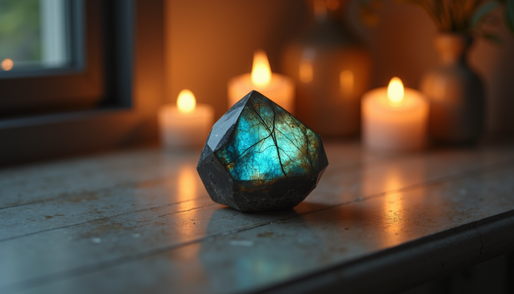 Eye-level view of labradorite crystal placed on a meditation altar with candles