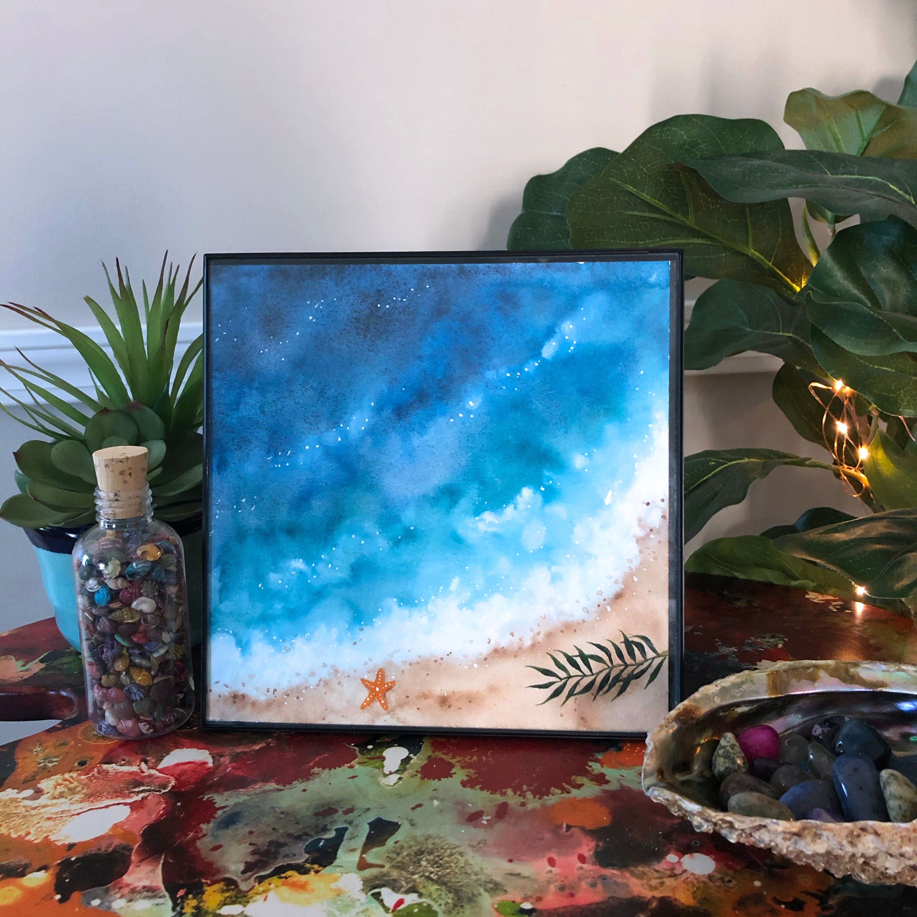 Blue Tranquil Ocean Beach Watercolor Art 8x8"