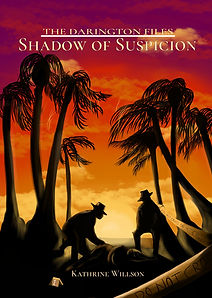 Cover for The Darington Files: Shadow of Suspicion showing a red sunset, palm trees, and two detectives kneeling