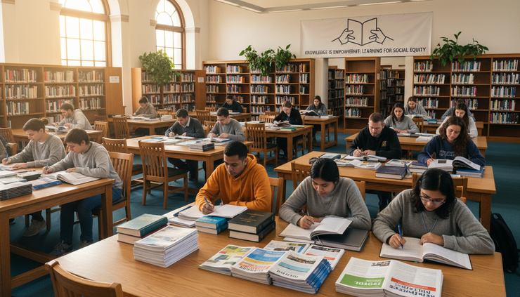 Wide-angle view of a public library reading room with people studying civic materials at separate tables
