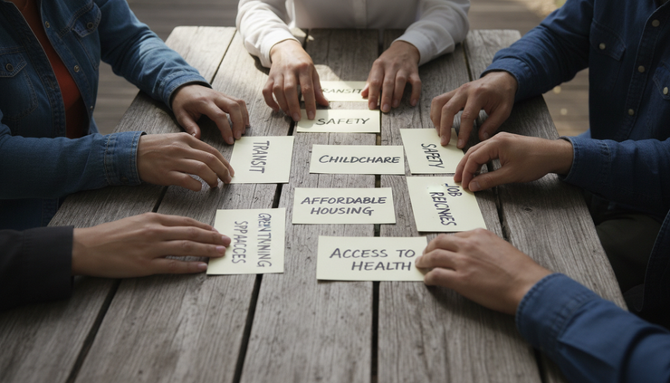 Close-up of hands placing blank index cards with handwritten community priorities on a wooden table outdoors