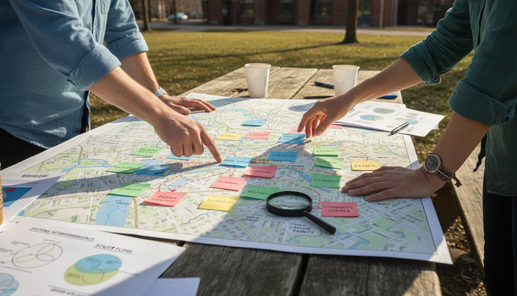 Eye-level view of a handwritten neighborhood map with colored notes marking transit routes and community resources