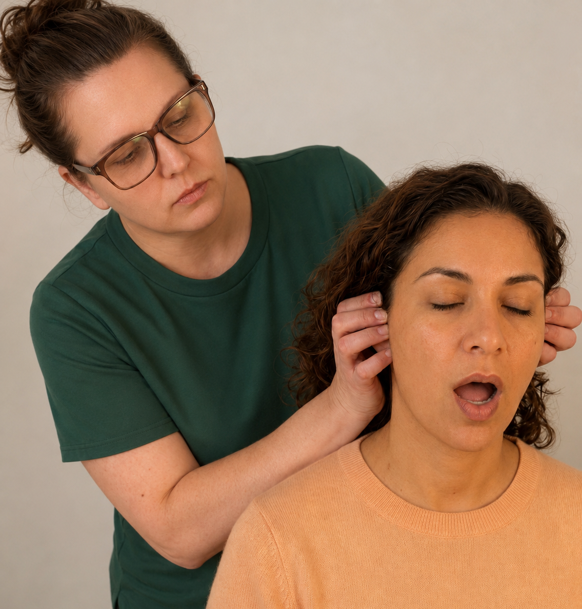 RMT assessing jaw and head position for jaw pain and TMD-related symptoms