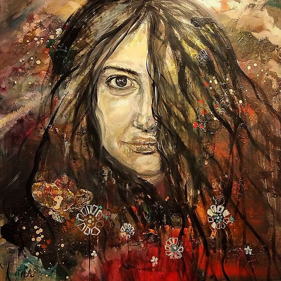 Emotional portrait painting “Love” – acrylic and oil artwork with intense female gaze, earthy tones, and blooming wildflowers