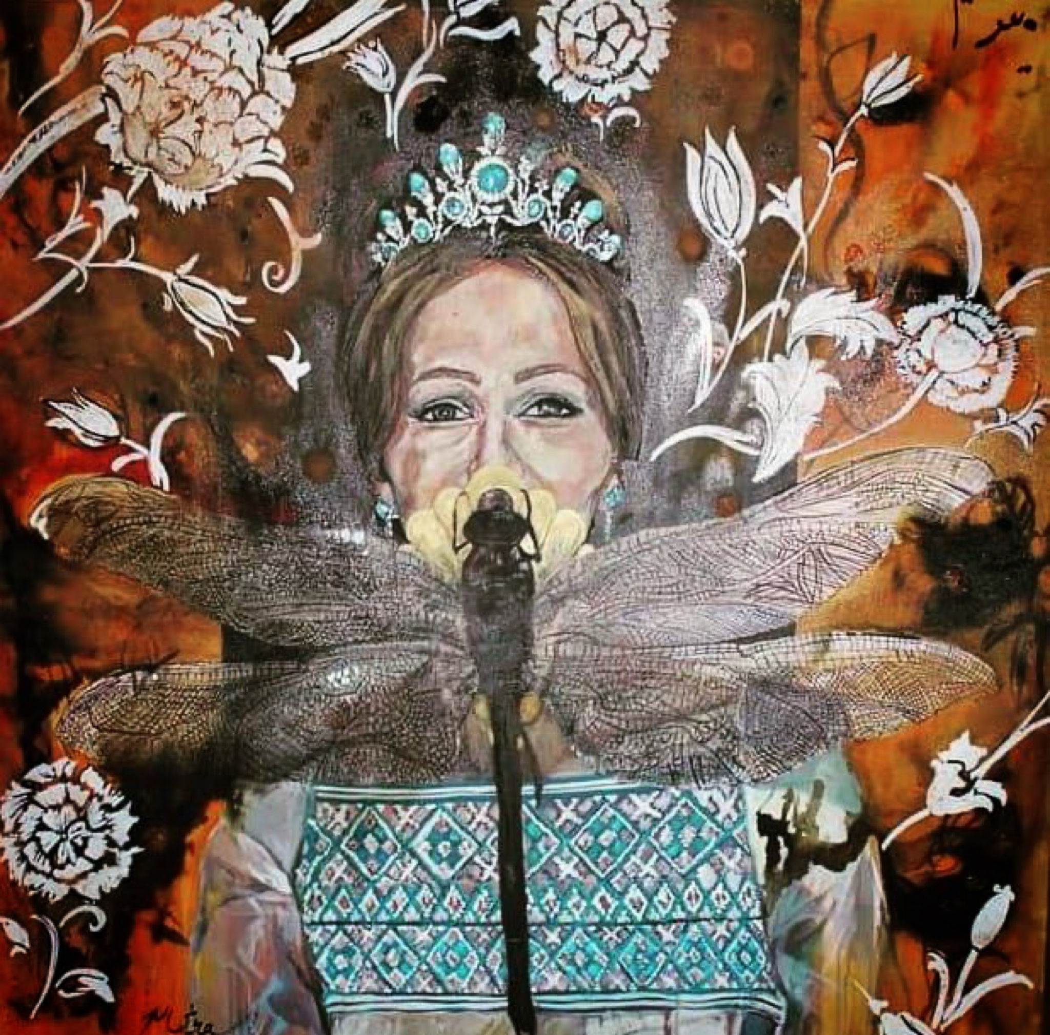 Persian royal portrait painting titled “Eternity” – Farah Pahlavi with dragonfly wings and Persian floral motifs, acrylic, oi