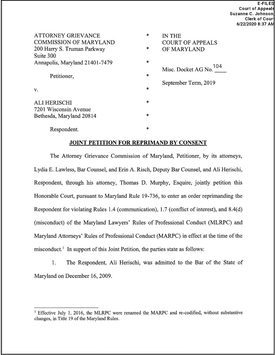 F-6submitted lawsuit against Herischi and his law firm