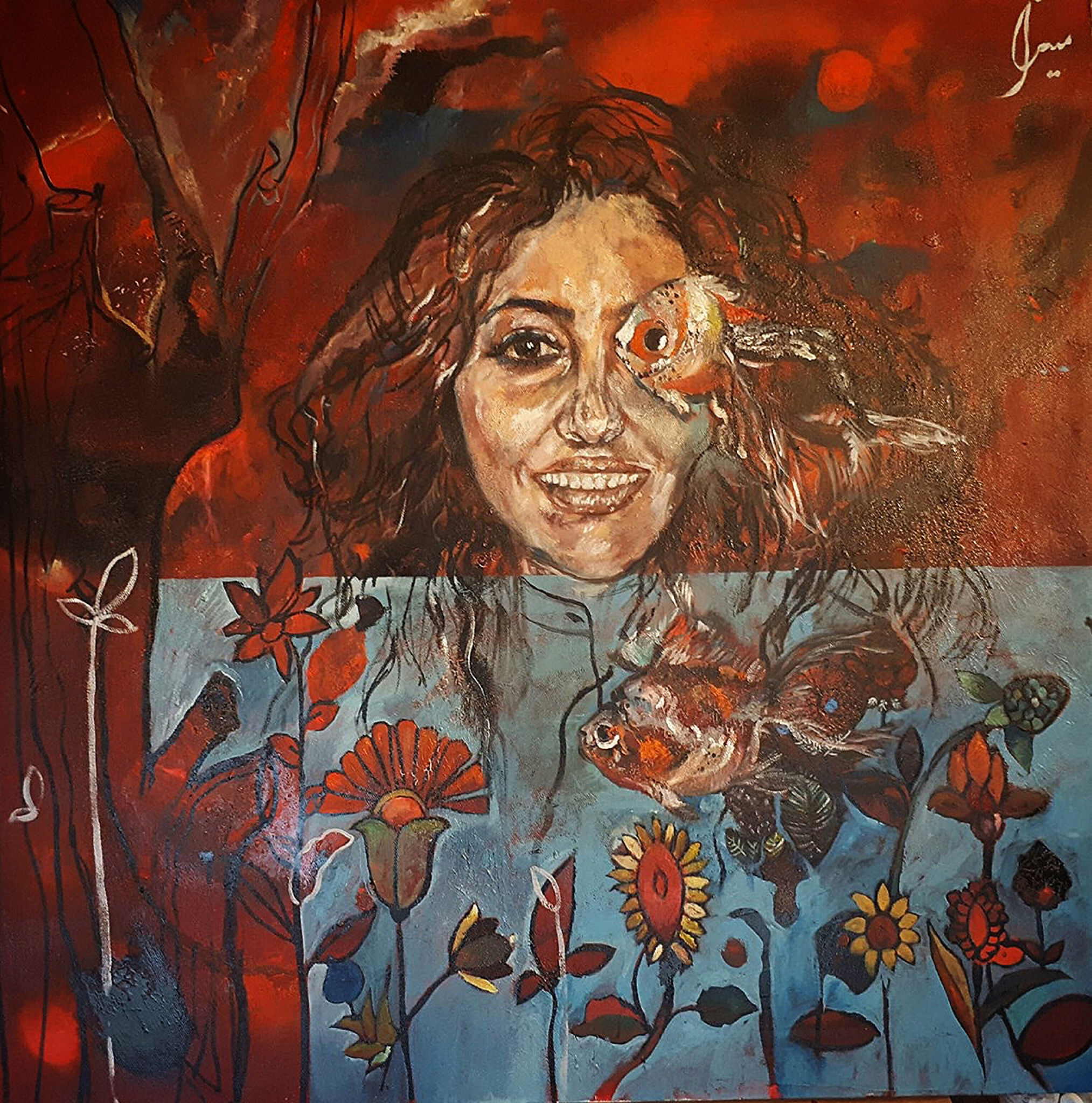 Persian spring portrait painting titled “Spring” – woman with blooming tulips and musical notes, 100x100cm acrylic, oil & gla