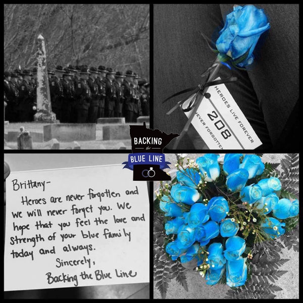 Grid of 4 photos - officers lined up at funeral, a blue rose with a tag honoring Officer Schneider, bouquet of blue roses, and letter to his wife from the ladies of Backing the Blue Line.