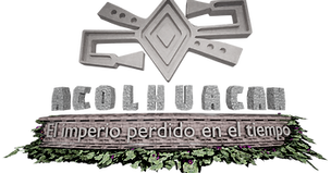 Logotipo de Acolhuacan: El Imperio Perdido en el Tiempo, con símbolo geométrico inspirado en el arte prehispánico, letras de