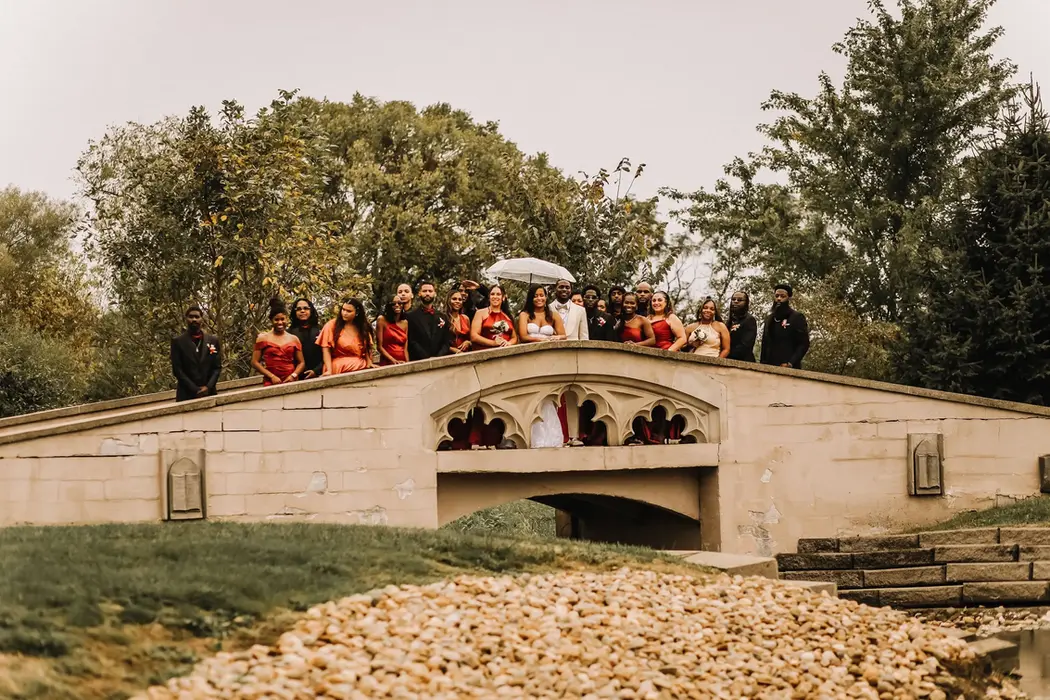 Wedding party on bridge, Union Manor Conservatory