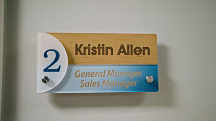 Wood and acrylic stacked directional/room sign