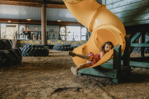 Girl sliding down yellow tube at Jeter Mountain Farm