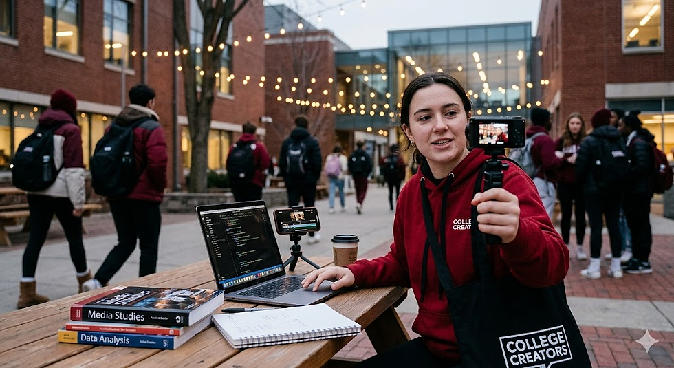 Student in red hoodie films with a small camera beside a laptop and books at a string-lit campus courtyard; College Creators text.