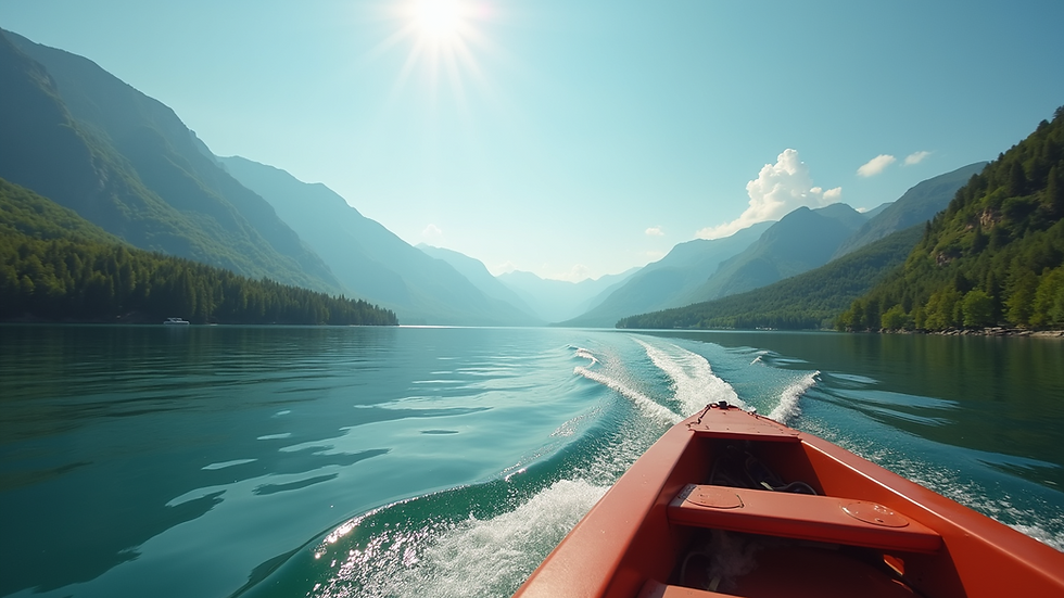 Eye-level view of a scenic boat tour on a tranquil lake