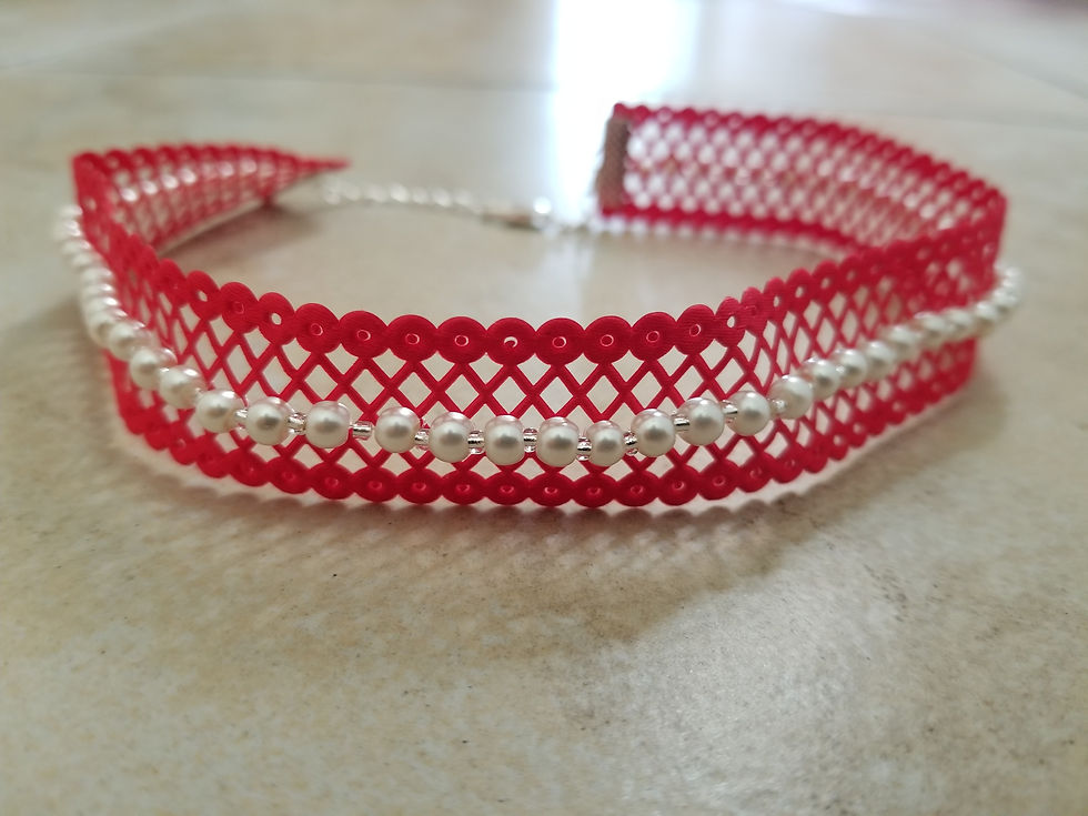 Pearls on Lace Necklace in Red