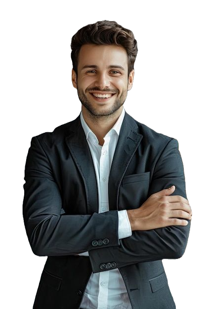 Smiling man in dark suit, arms crossed confidently, looking forward.