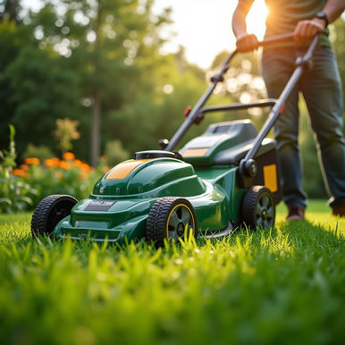 Person mowing lawn with a green lawnmower
