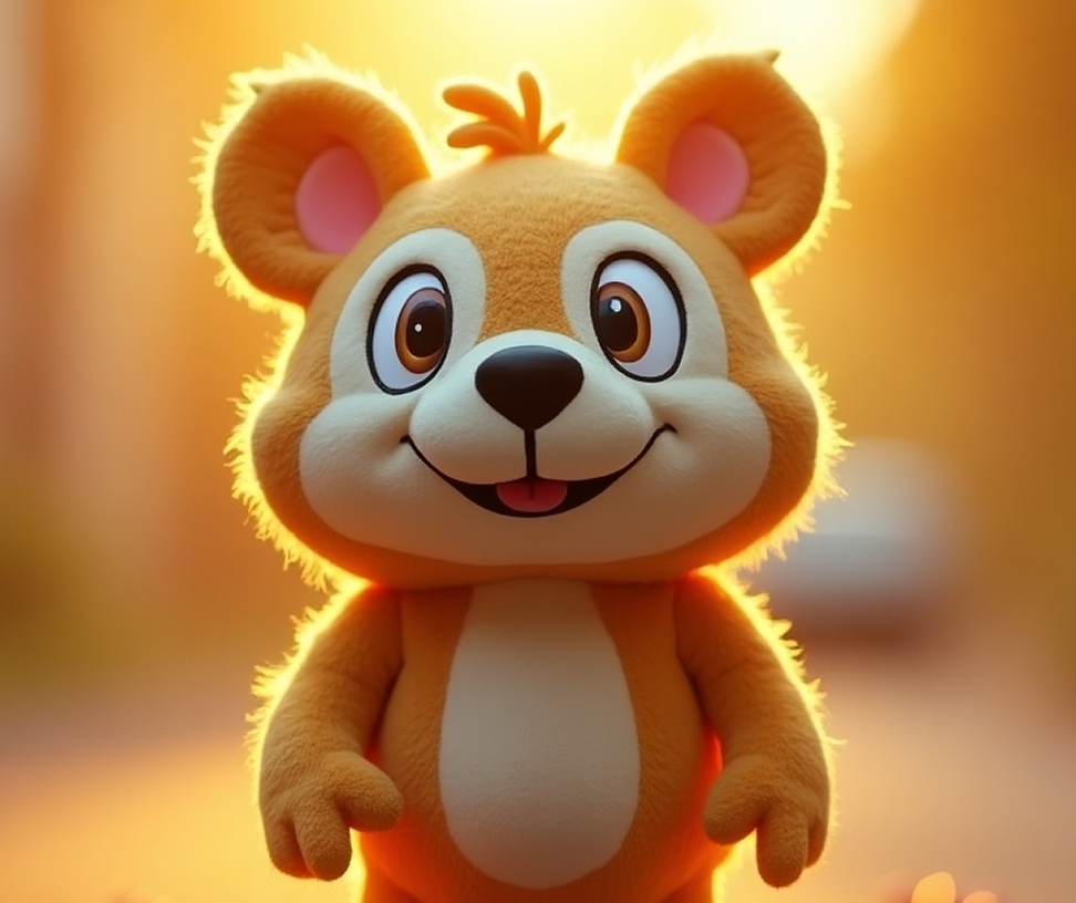 Happy orange cartoon bear standing in golden light
