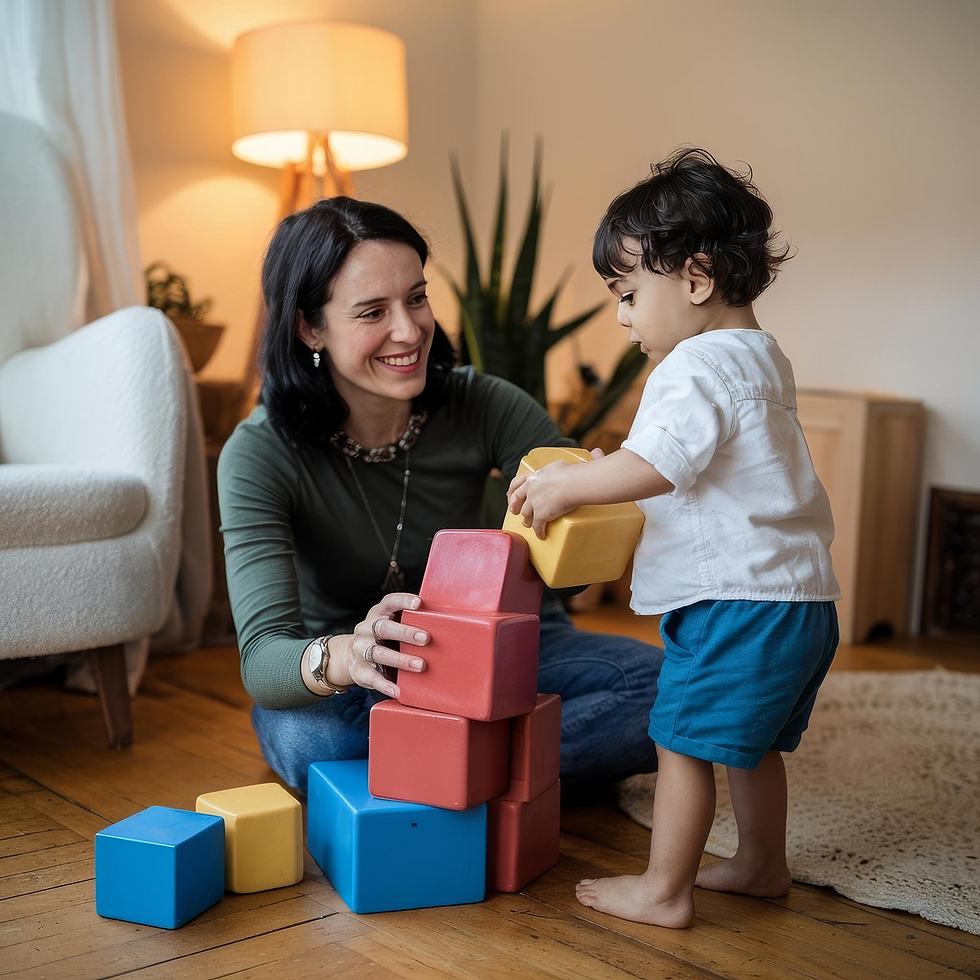 Smiling mother and toddler playing with colorful blocks