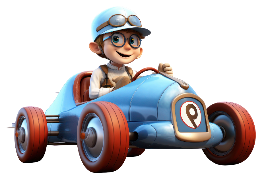 Cartoon boy driving a blue race car