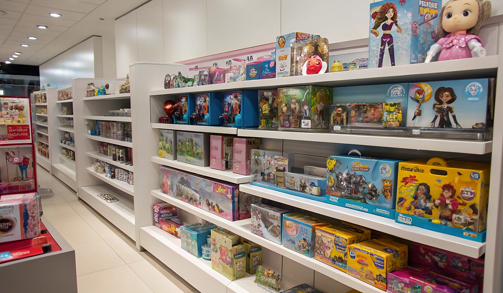 White retail shelves stocked with children's toys
